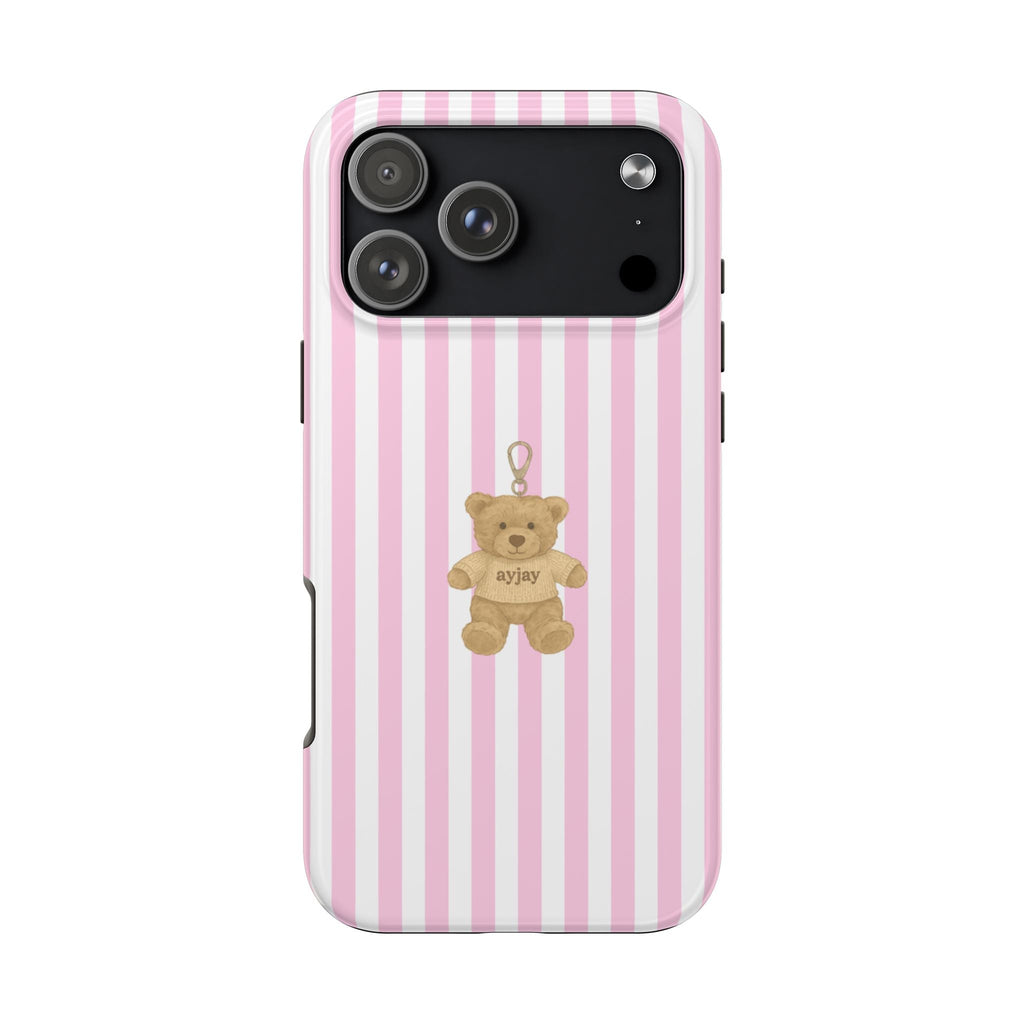 Pink striped phone case with teddy bear charm graphic