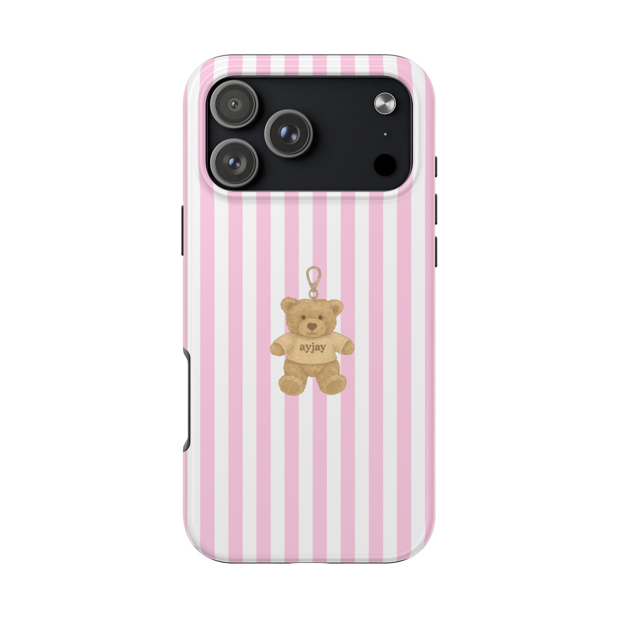 Pink striped phone case with teddy bear charm graphic