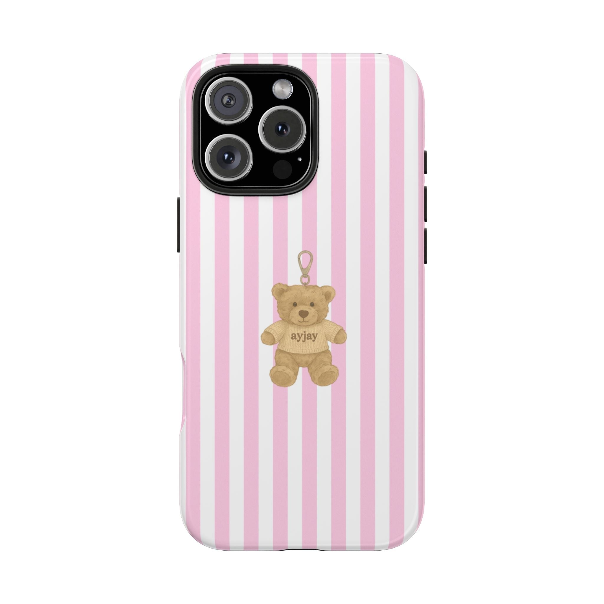 Pink striped phone case with teddy bear keychain graphic