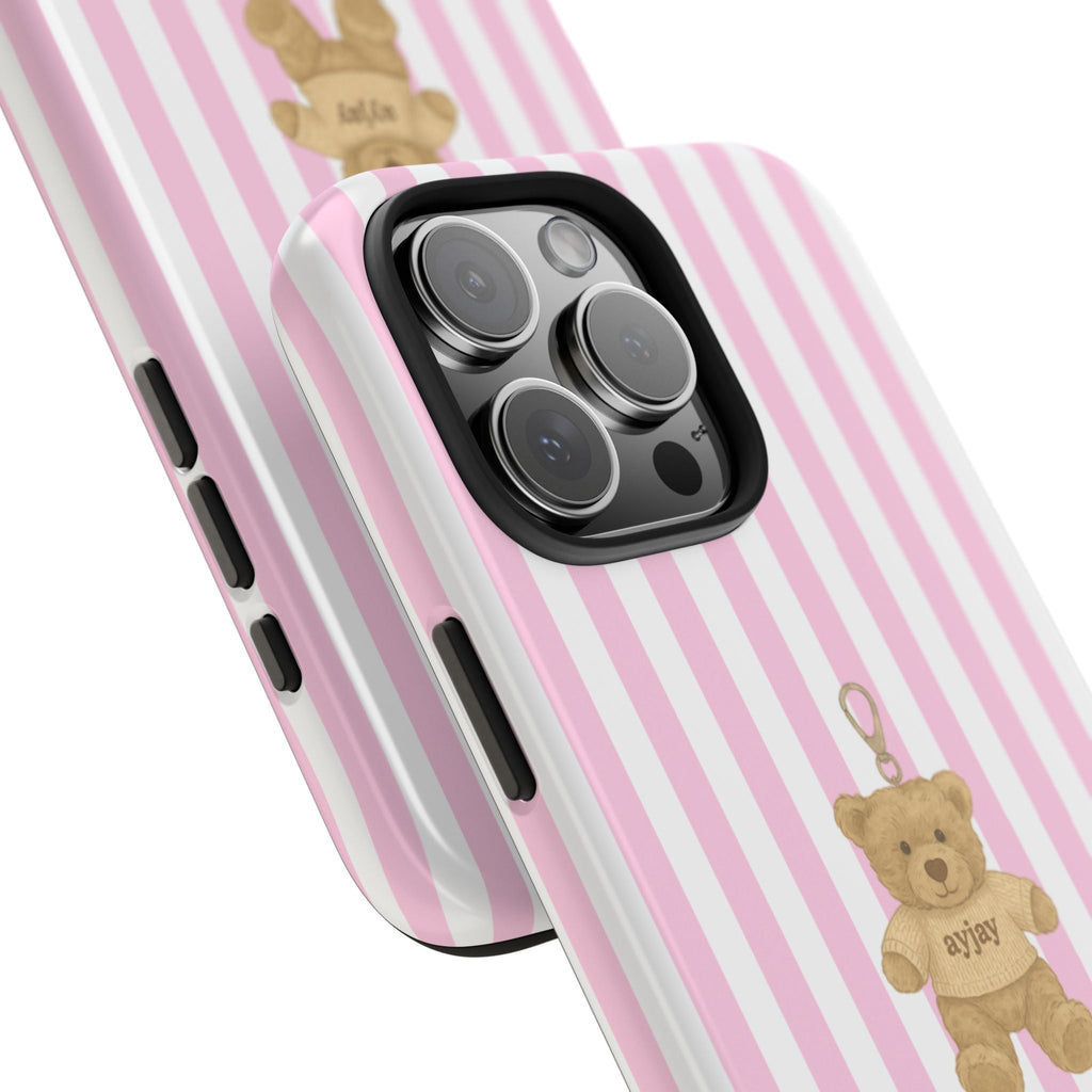 Pink striped case showing teddy bear graphic, camera lenses and side buttons