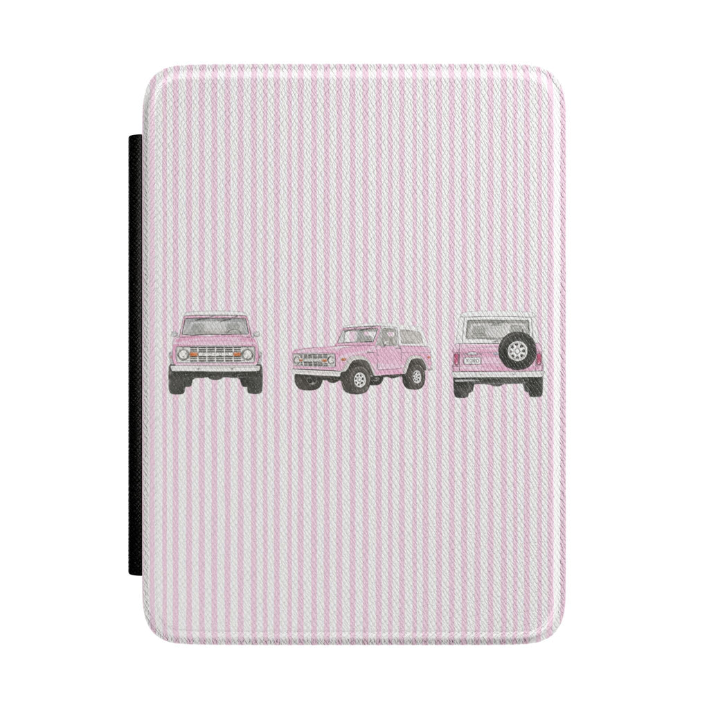 Pink striped hardcover Kindle case with vintage Bronco truck illustrations