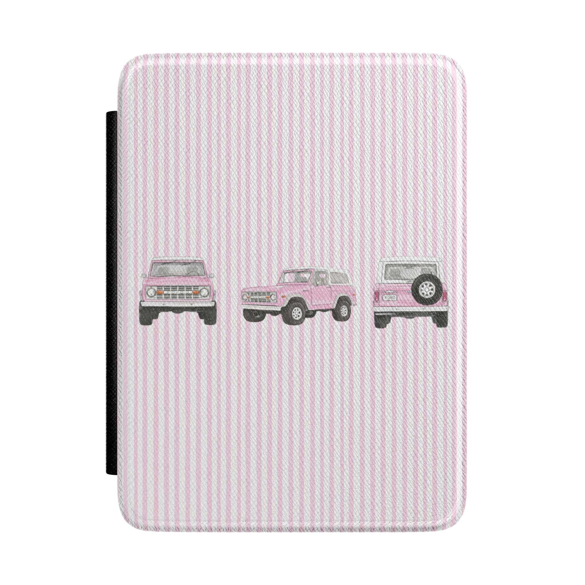 Pink striped hardcover Kindle case with vintage Bronco truck illustrations