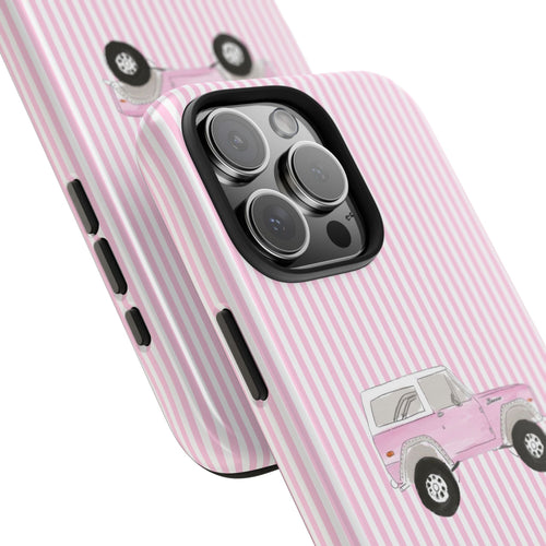 Pink pinstripe phone case with Bronco truck art, side button openings and camera lens