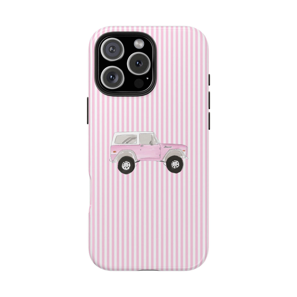 Pink striped phone case featuring a vintage Bronco truck graphic over the back camera
