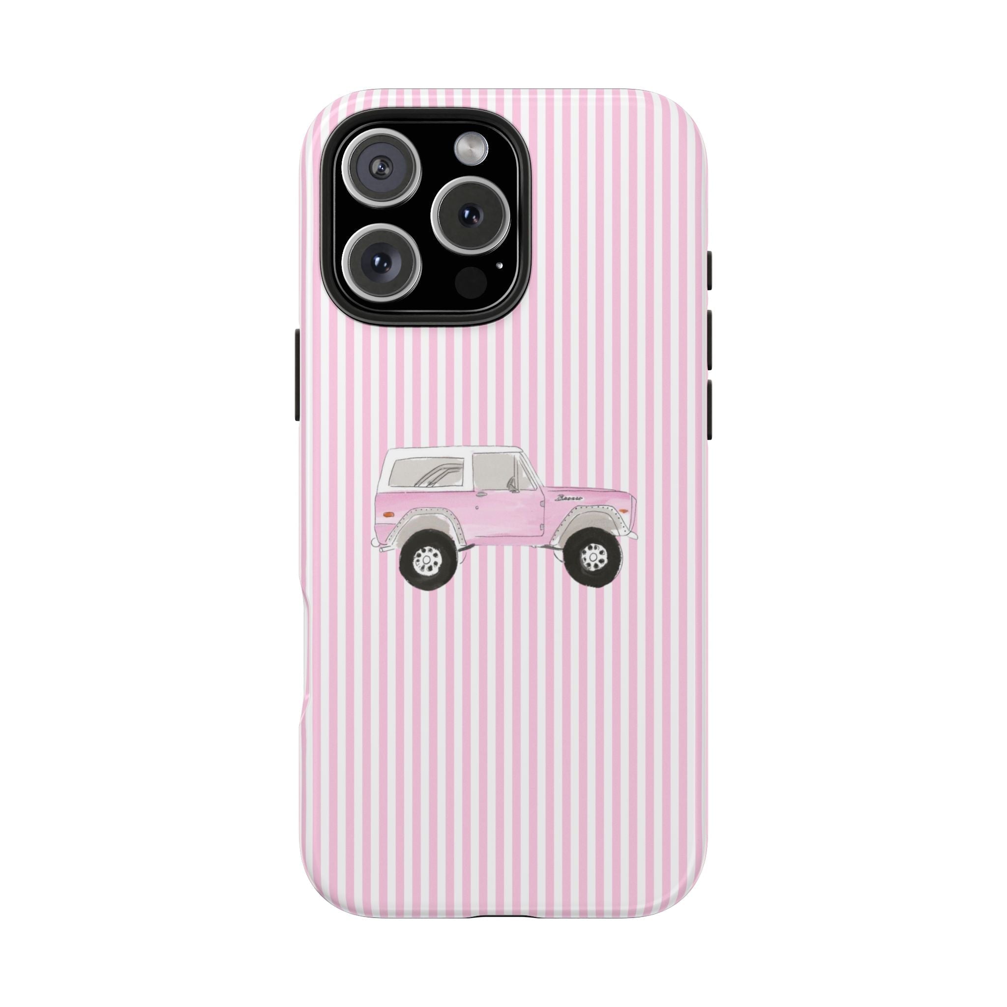 Pink striped phone case featuring a vintage Bronco truck graphic over the back camera