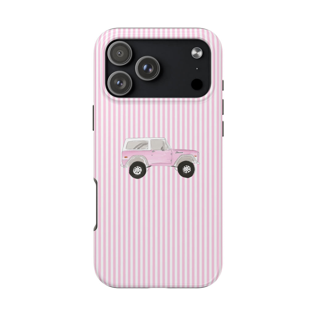 Pink striped phone case with vintage Bronco truck graphic and camera cutouts