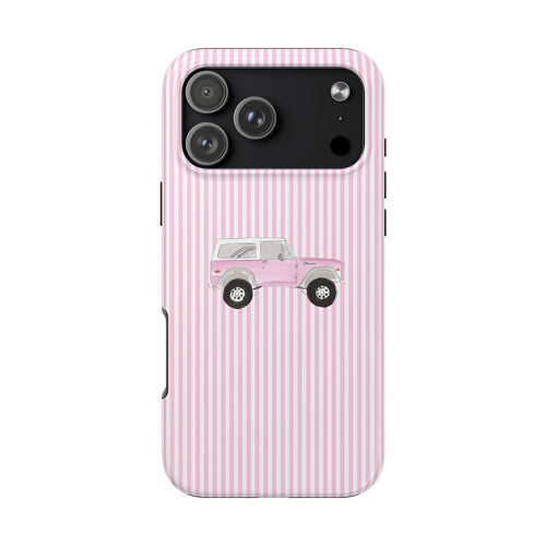 Pink striped phone case with vintage Bronco truck graphic and camera cutouts