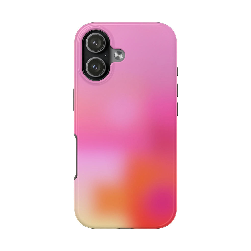 Pink sunrise aura phone case with gradient pink-orange design and camera cutouts