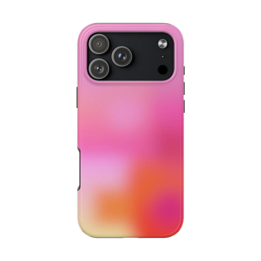 Pink sunrise aura phone case with dark camera window, pink-orange gradient and side openings