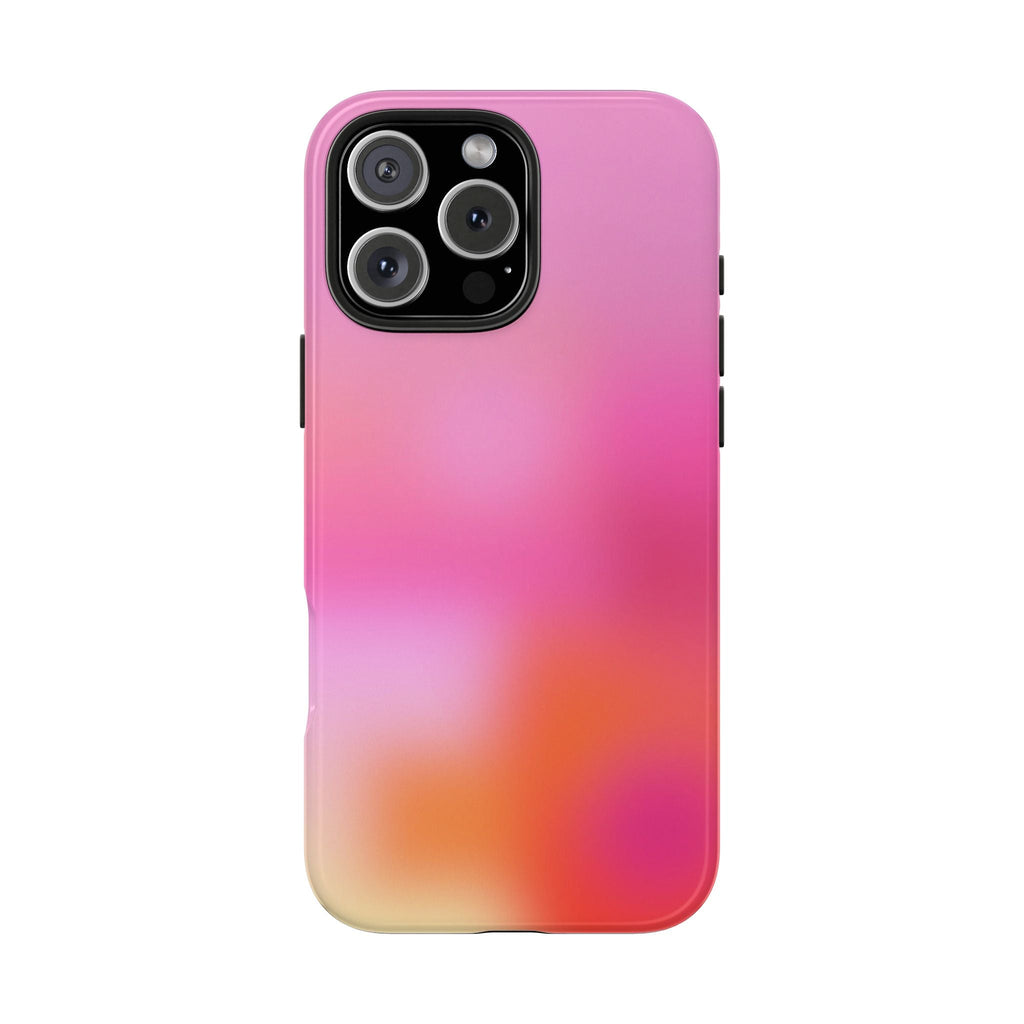 Pink sunrise aura phone case, smooth gradient pink with orange glow at bottom and camera cutout