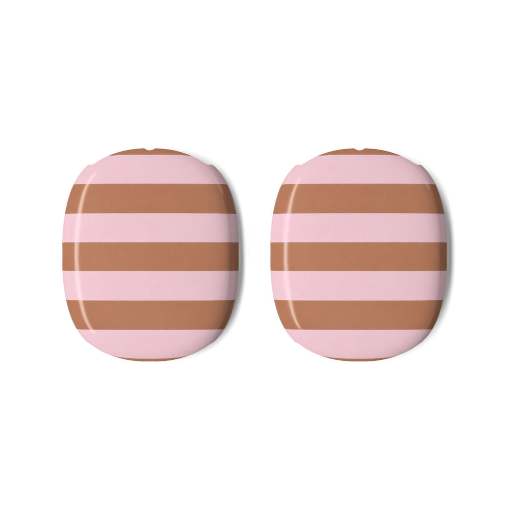 Pair of AirPods Max case covers with pink and tan striped pattern, rounded ear-cup shape