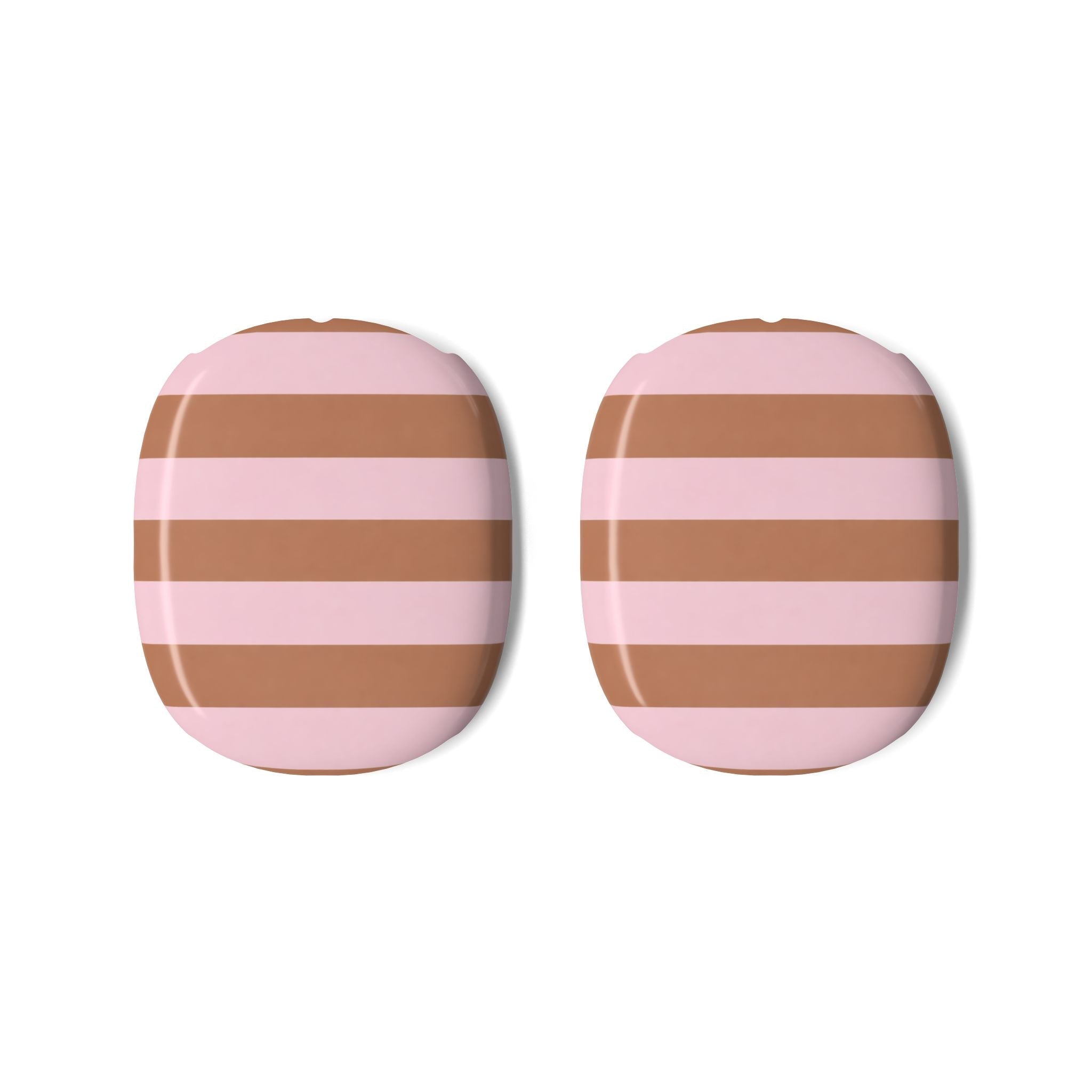 Pair of AirPods Max case covers with pink and tan striped pattern, rounded ear-cup shape