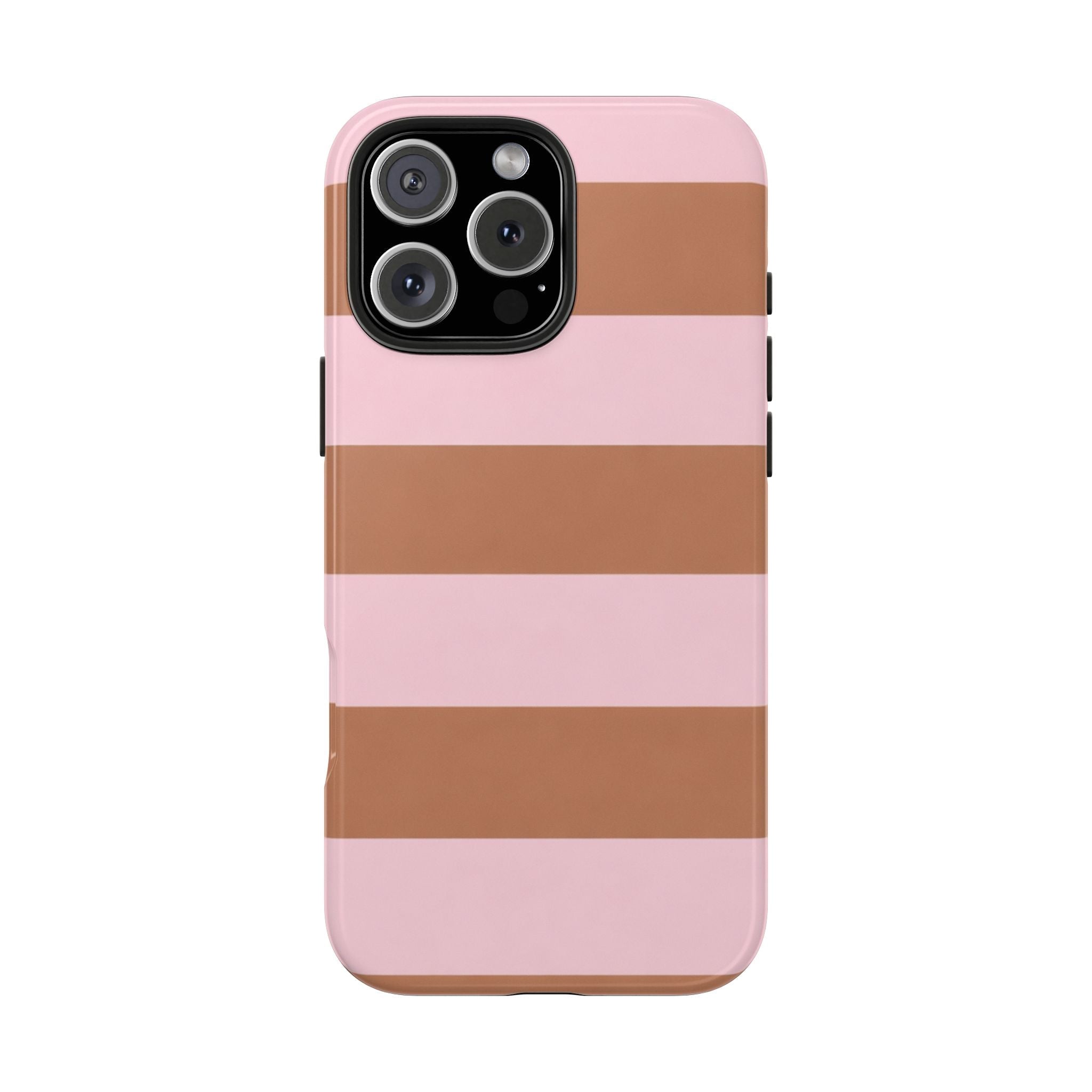 Pink and brown striped phone case with glossy-looking finish and camera module opening