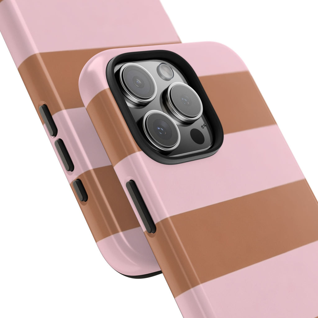 Pink tan striped phone case, close-up view showing raised camera area and lens openings