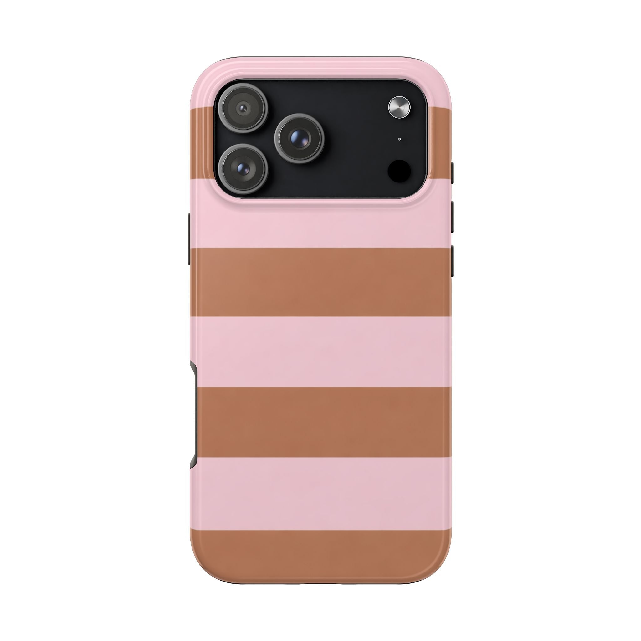 Pink and tan horizontal stripe phone case with camera cutouts and side buttons