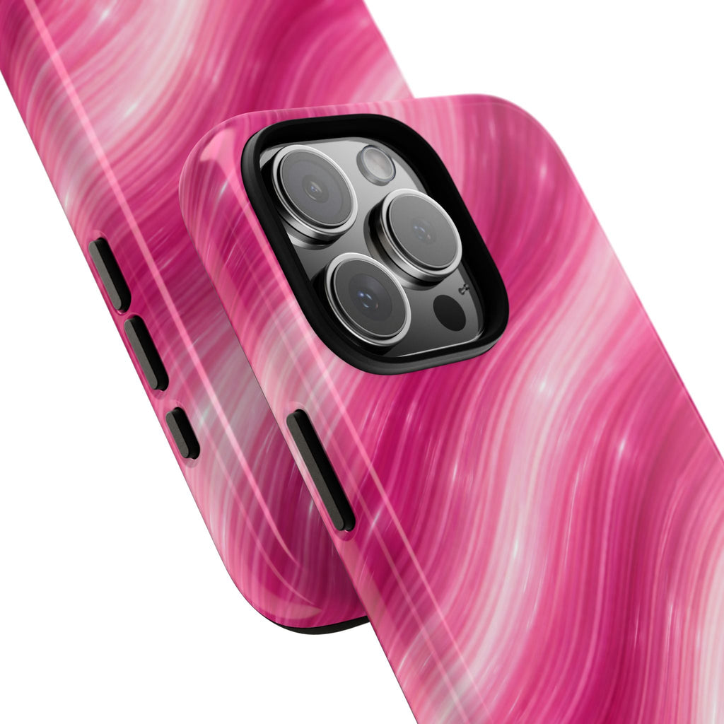 Diagonal view of pink wave phone case with textured swirls and camera openings