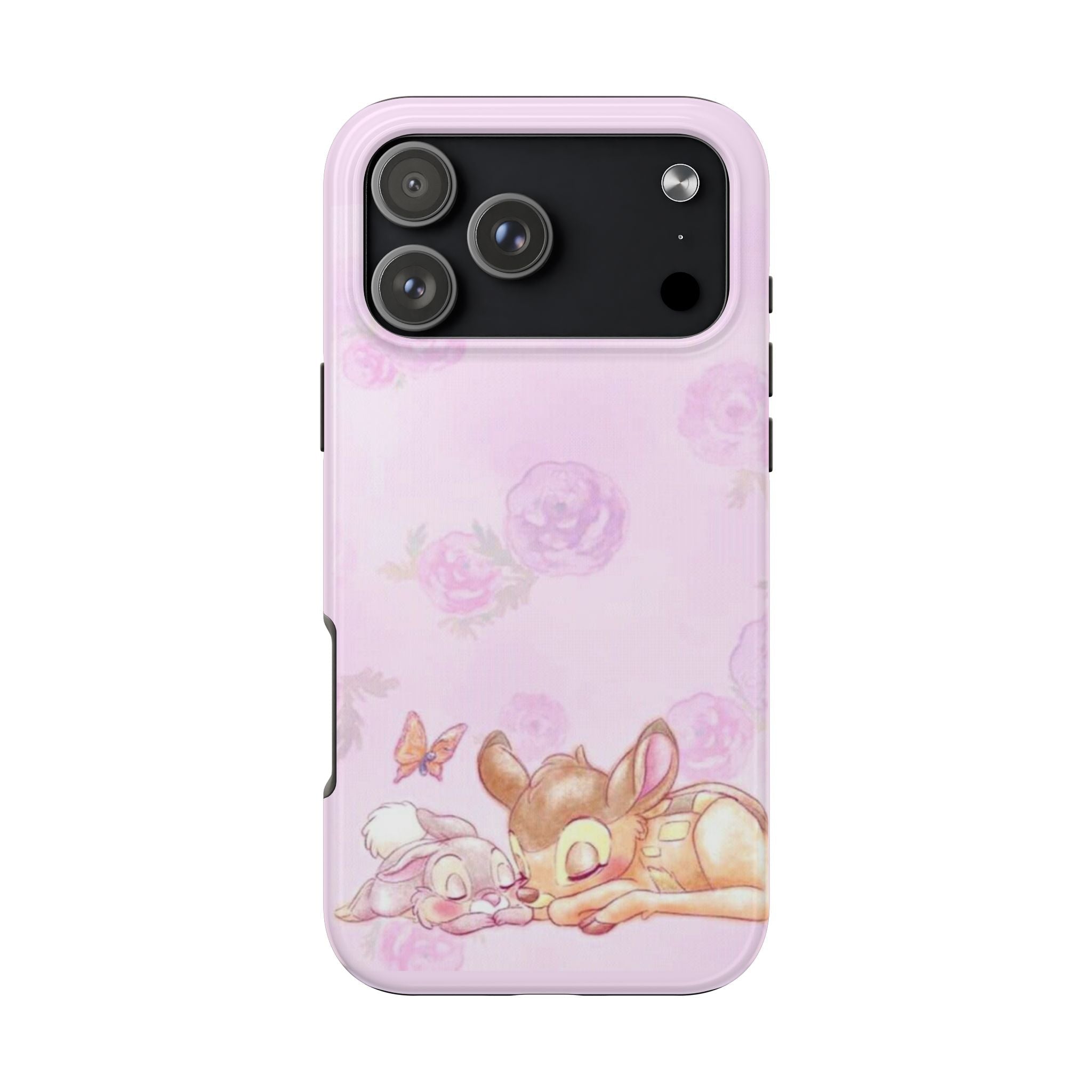 Pastel pink phone case with roses, bunny and deer scene, raised camera cutout