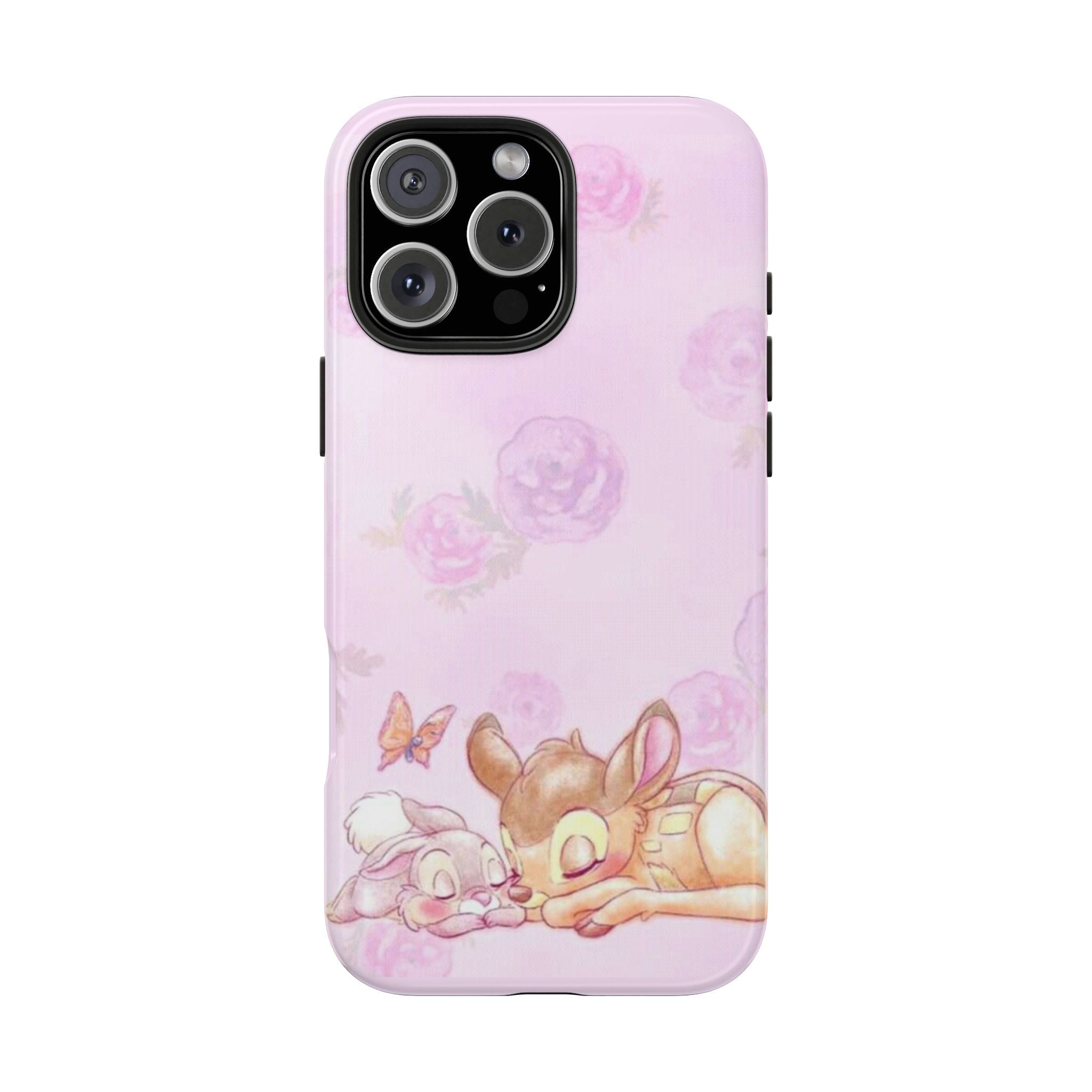 Pink floral phone case with bunny and deer illustration, camera cutout