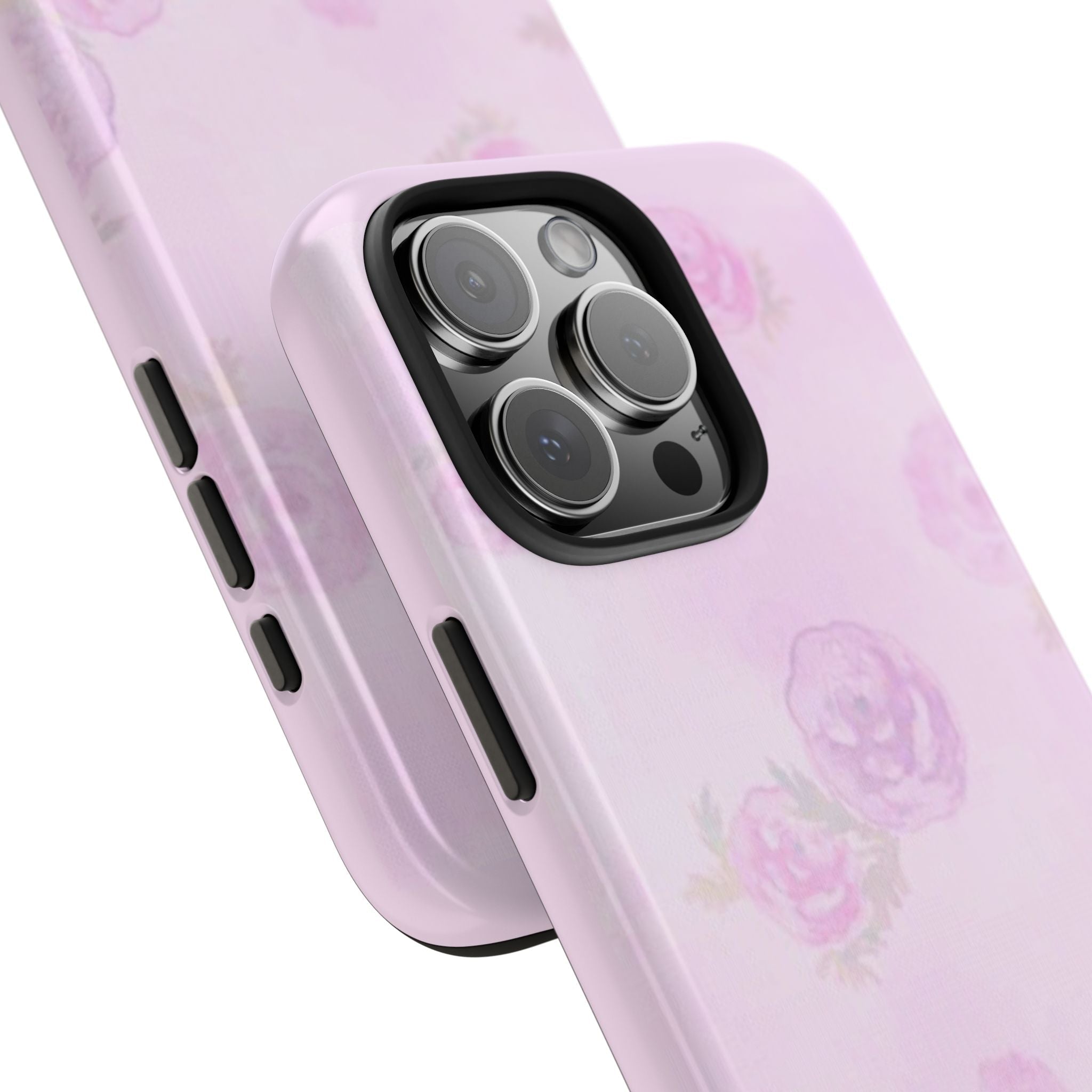 Pink phone case side view with floral bunny-and-deer print, camera lenses protection