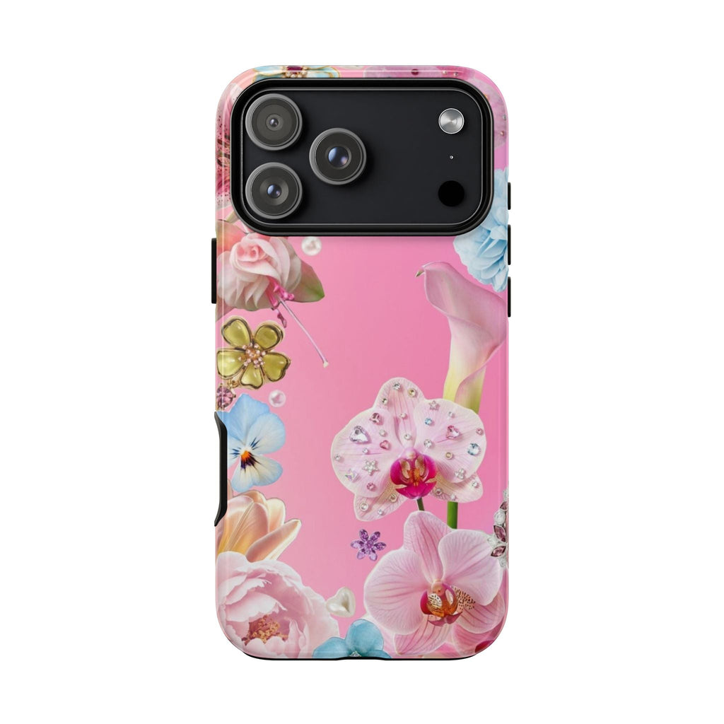 Pink embellished lily floral phone case with pastel flowers and glittery decorative accents.
