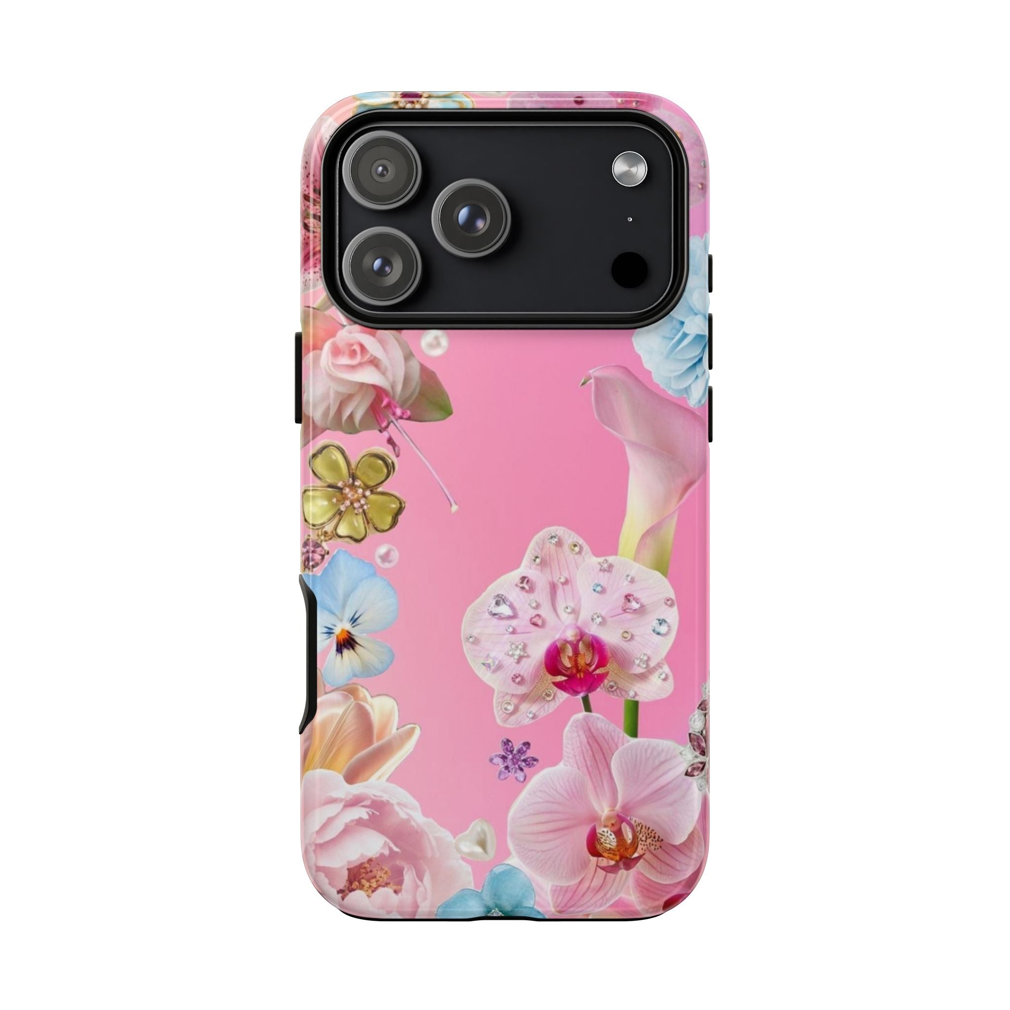 Pink embellished lily floral phone case with pastel flowers and glittery decorative accents.