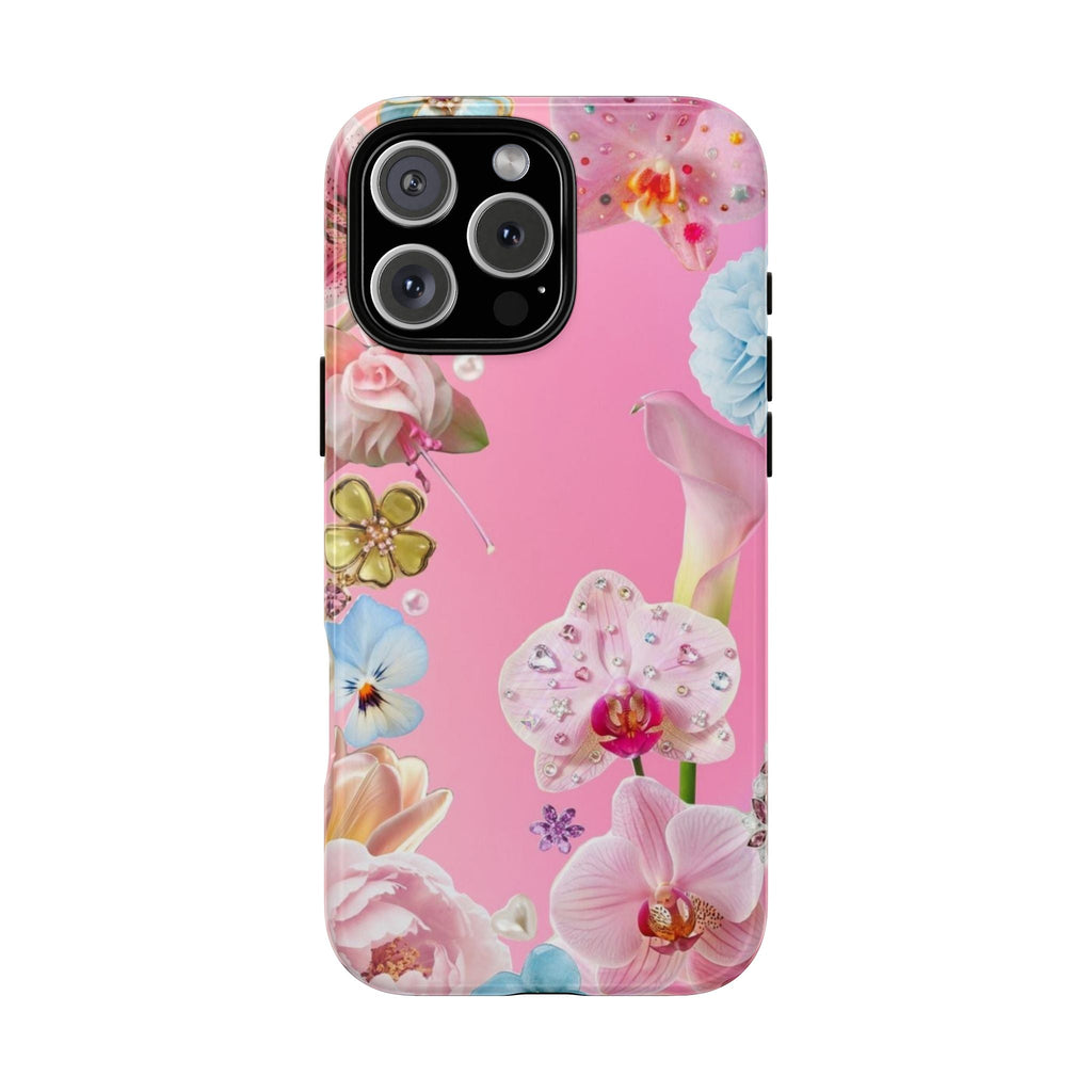 Pink floral phone case with embellished lily, orchid, butterflies, and rhinestone details.