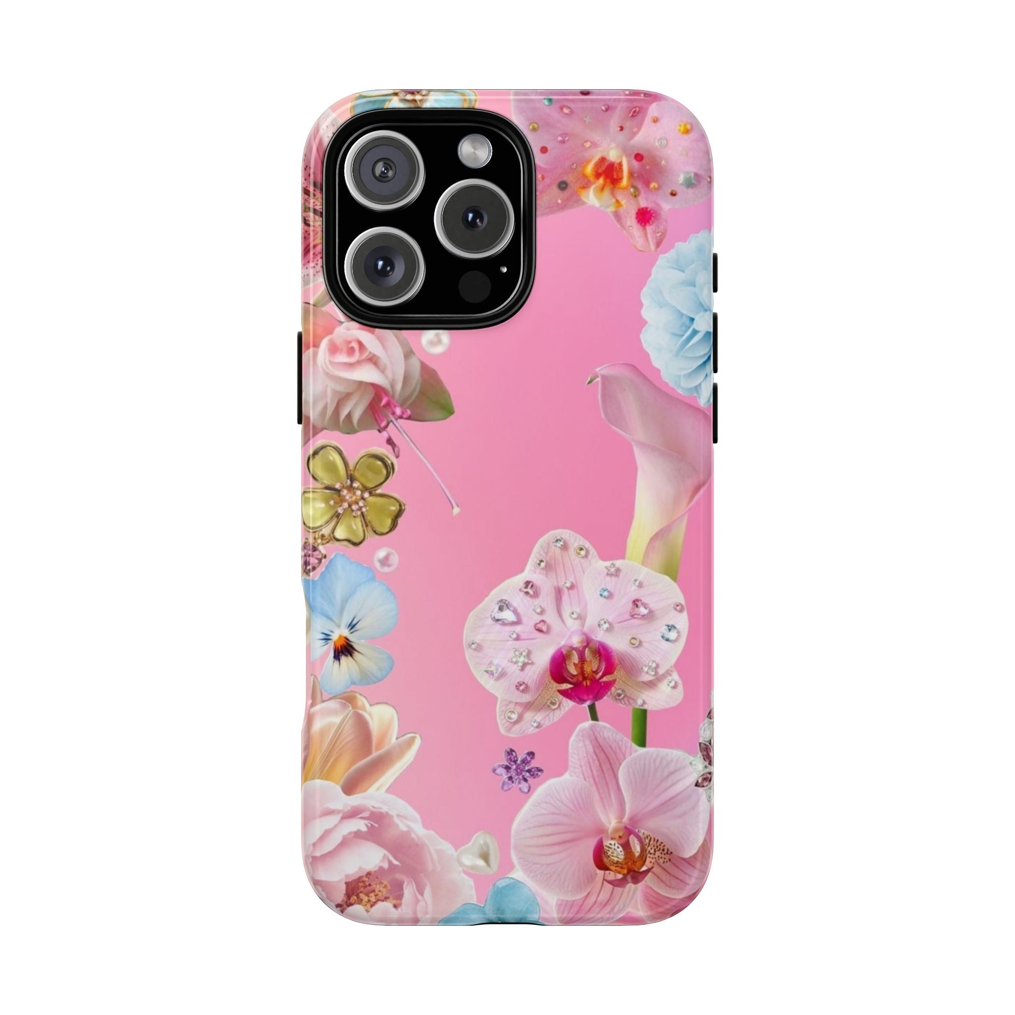 Pink floral phone case with embellished lily, orchid, butterflies, and rhinestone details.