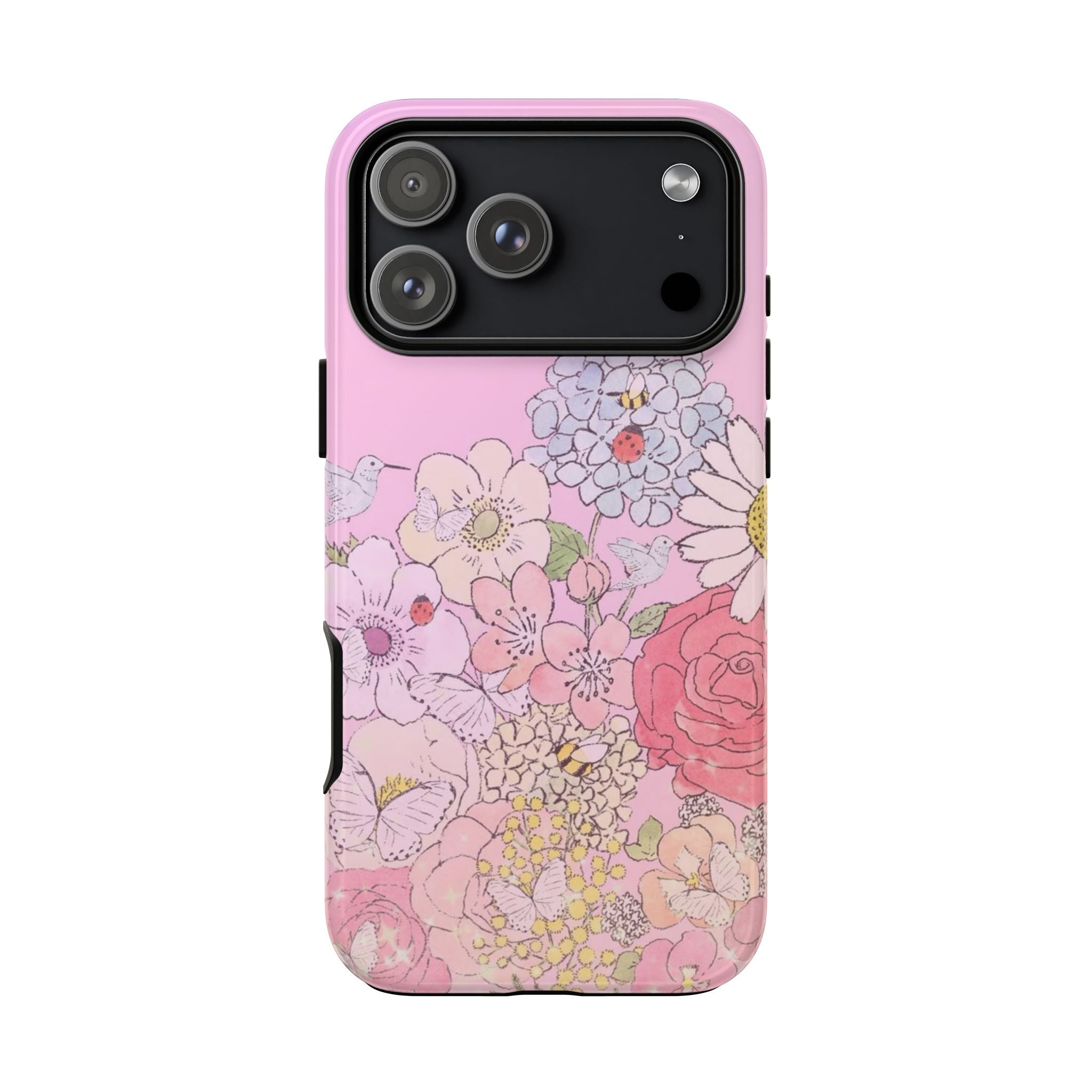 Pink floral phone case with layered flowers, leaves, and soft pastel accents