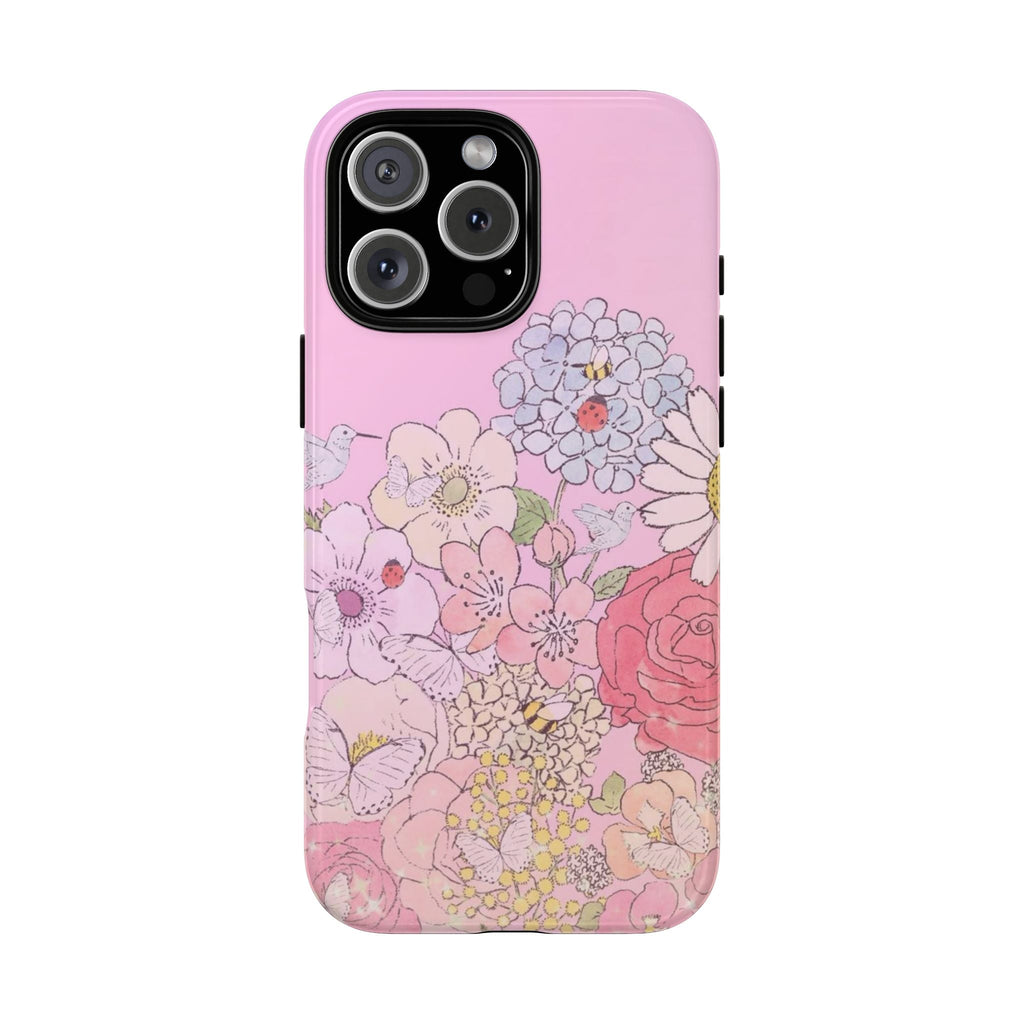 Pink floral phone case with large blossoms and delicate pastel details