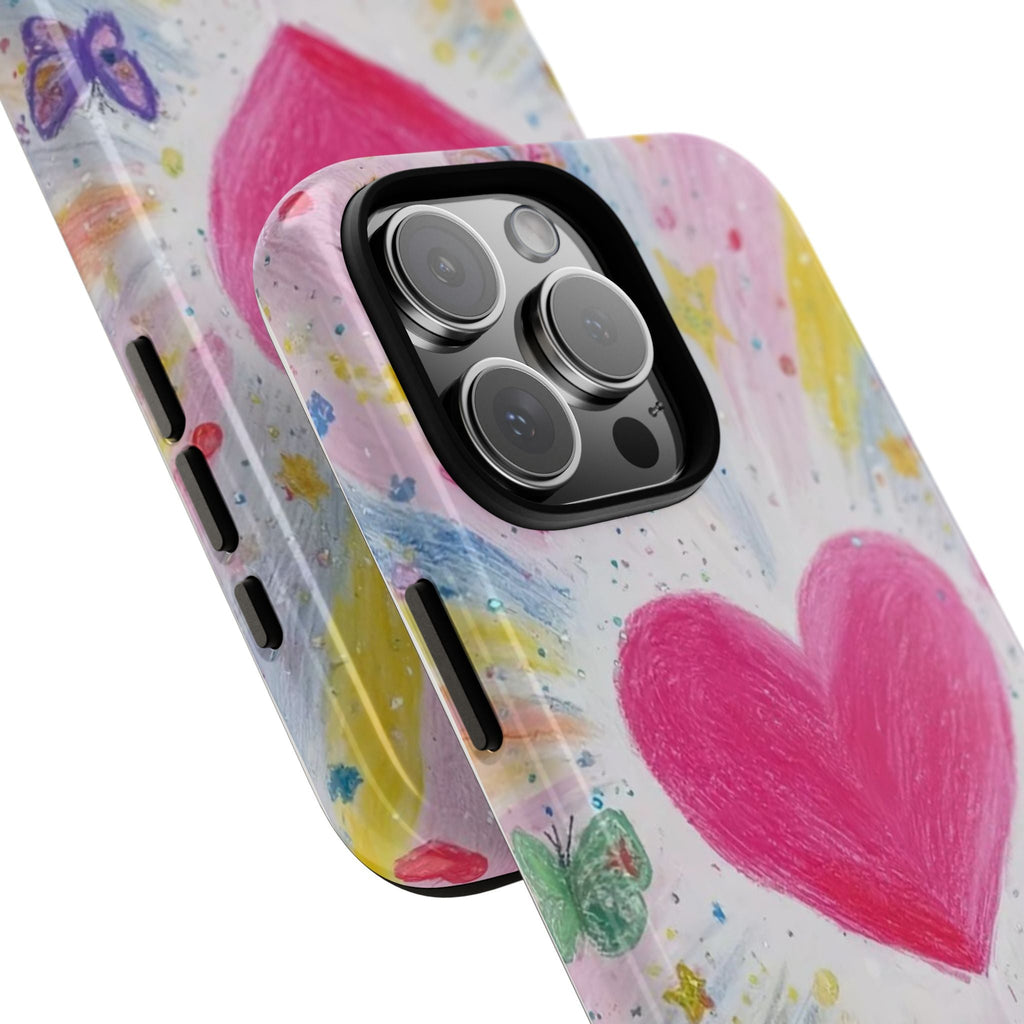 Side view of pink heart and butterfly phone case with colorful speckles and hearts