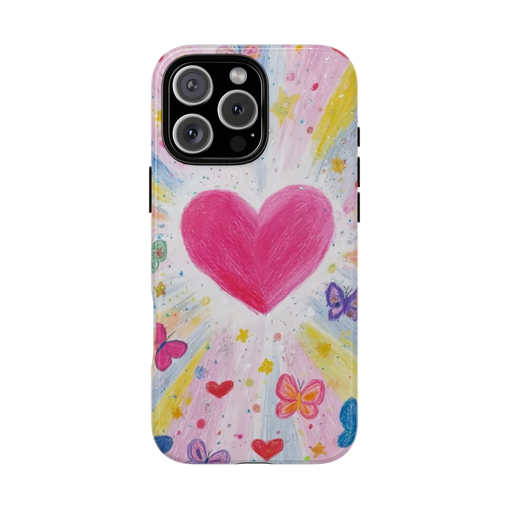 Pink heart and butterfly phone case with colorful doodle pattern on white