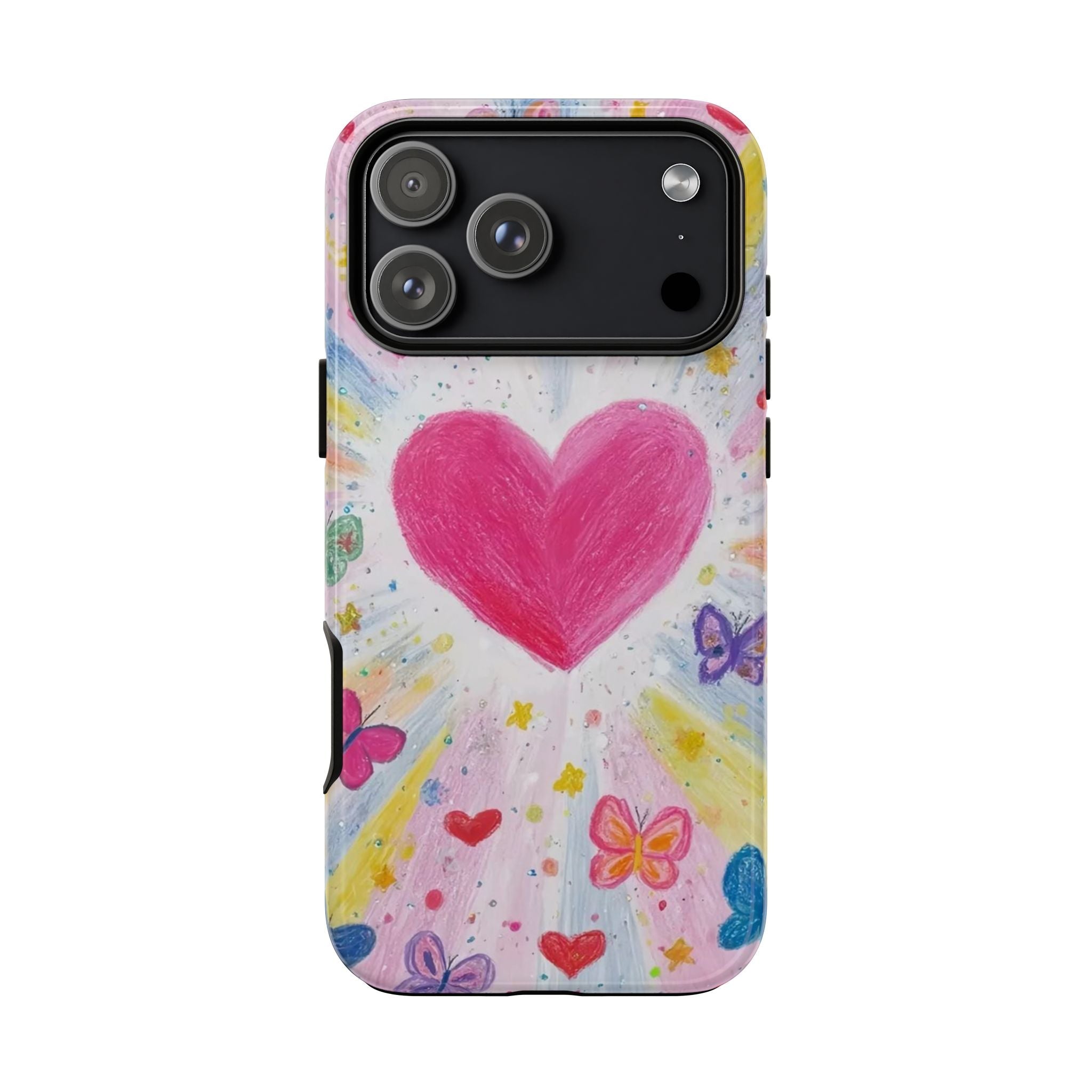 Pink heart butterfly phone case with scattered small hearts and stars, white base