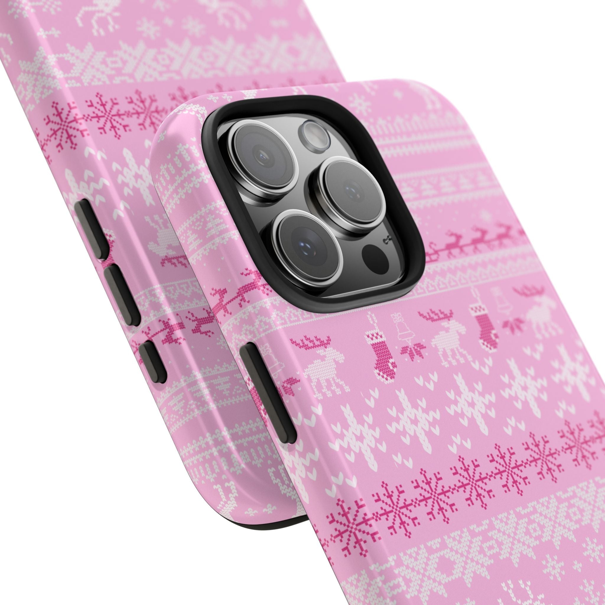 Pink winter holiday phone case angled view with raised camera guard and side cutouts