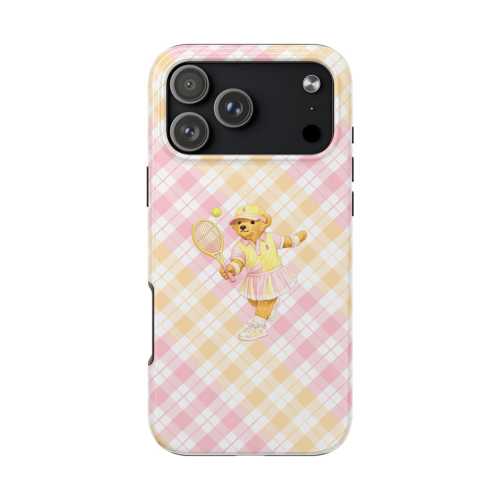 Pink & yellow checkered phone case with tennis teddy bear graphic, back view
