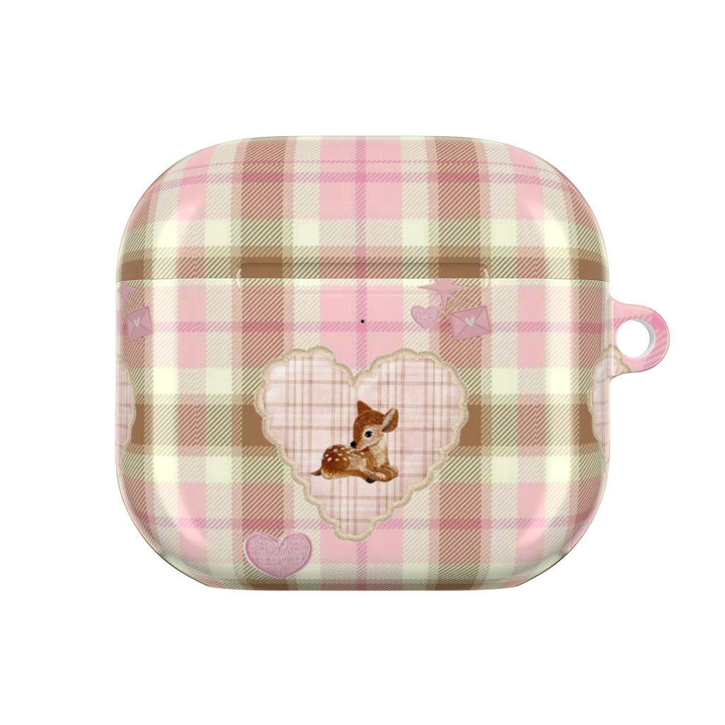Plaid deer AirPods case back view with heart accents and small hanging loop