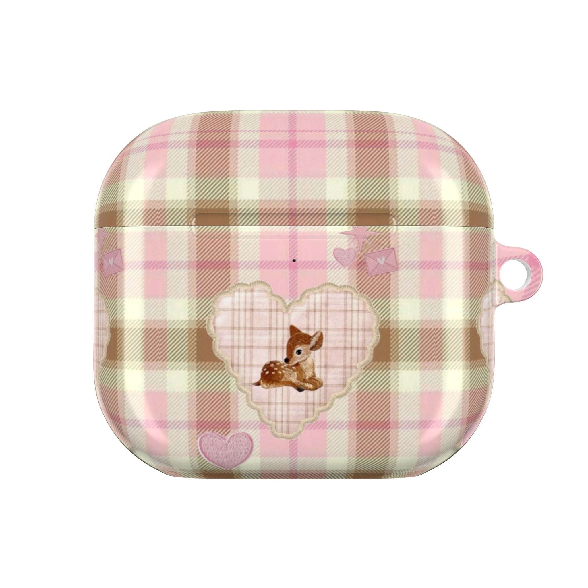 Plaid deer AirPods case back view with heart accents and small hanging loop