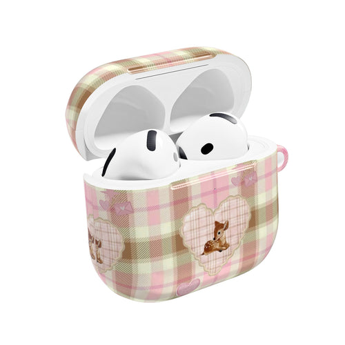 Plaid deer AirPods case with open lid and pastel check design