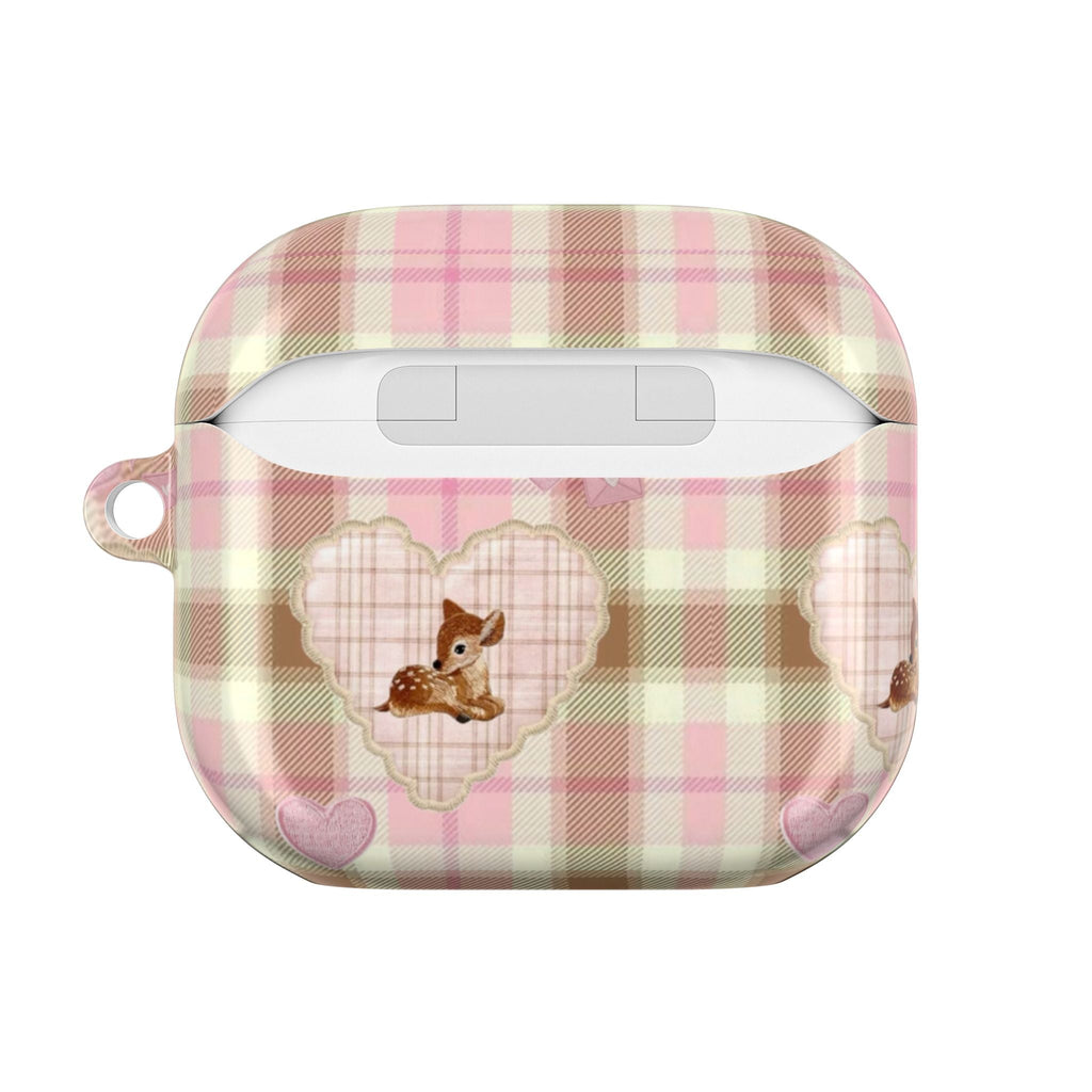 Plaid deer AirPods case front view with charging opening and check print