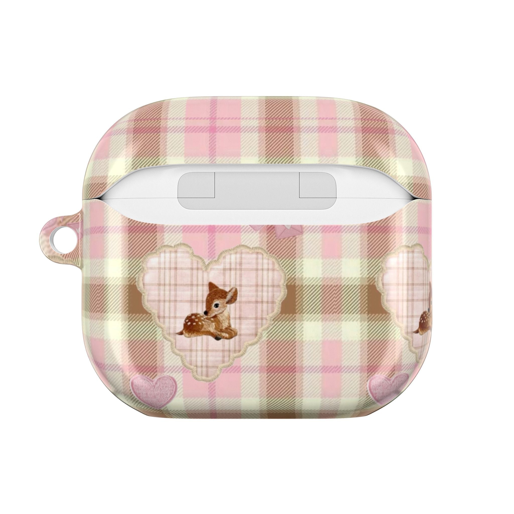 Plaid deer AirPods case front view with charging opening and check print