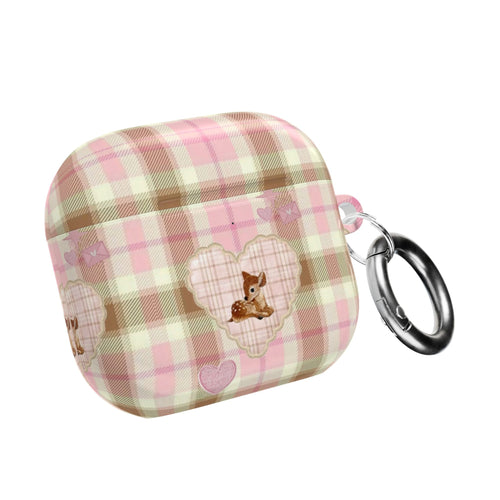 Plaid deer AirPods case with keyring loop, pink and cream check pattern