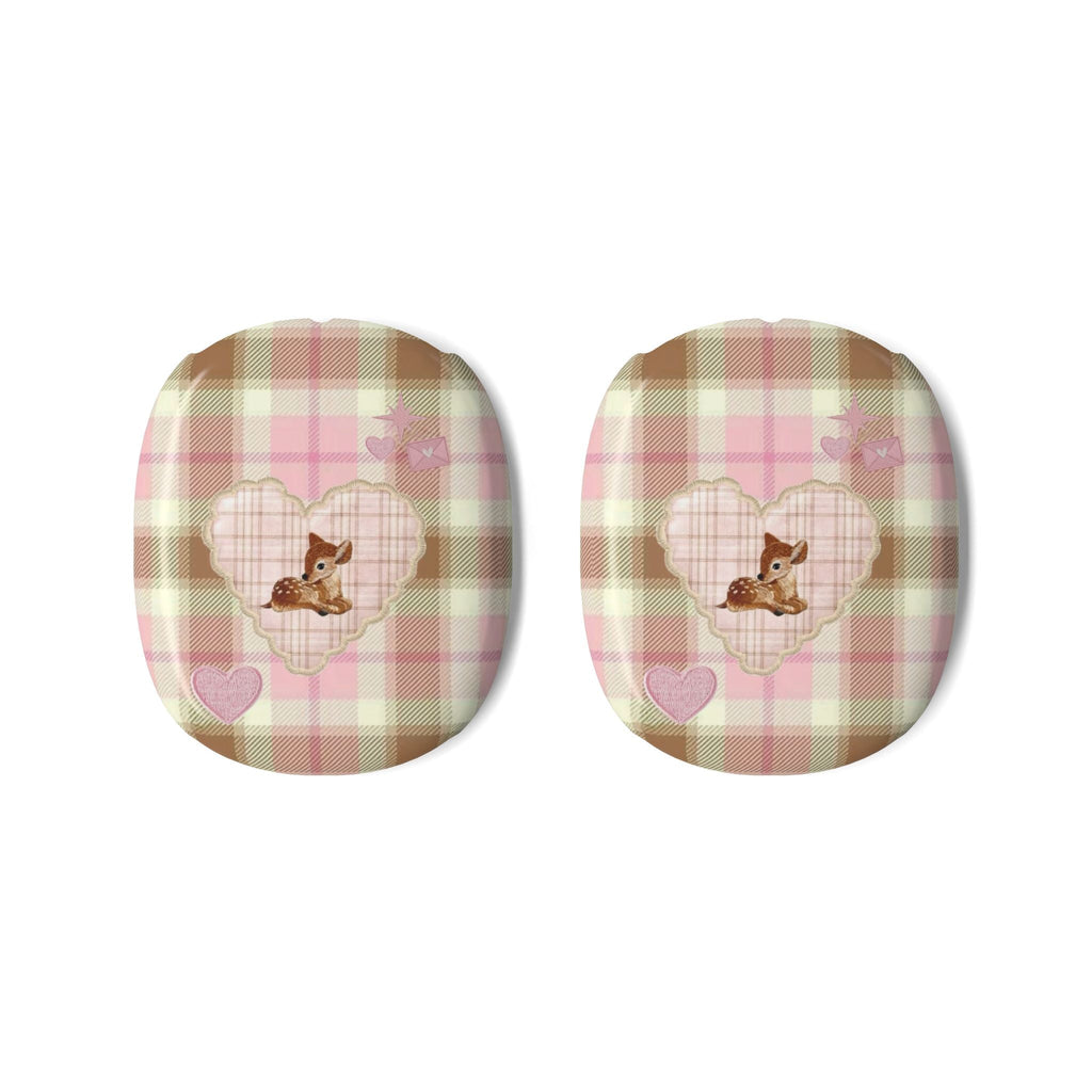 Two plaid earcup covers for AirPods Max, each with deer graphic and heart accents