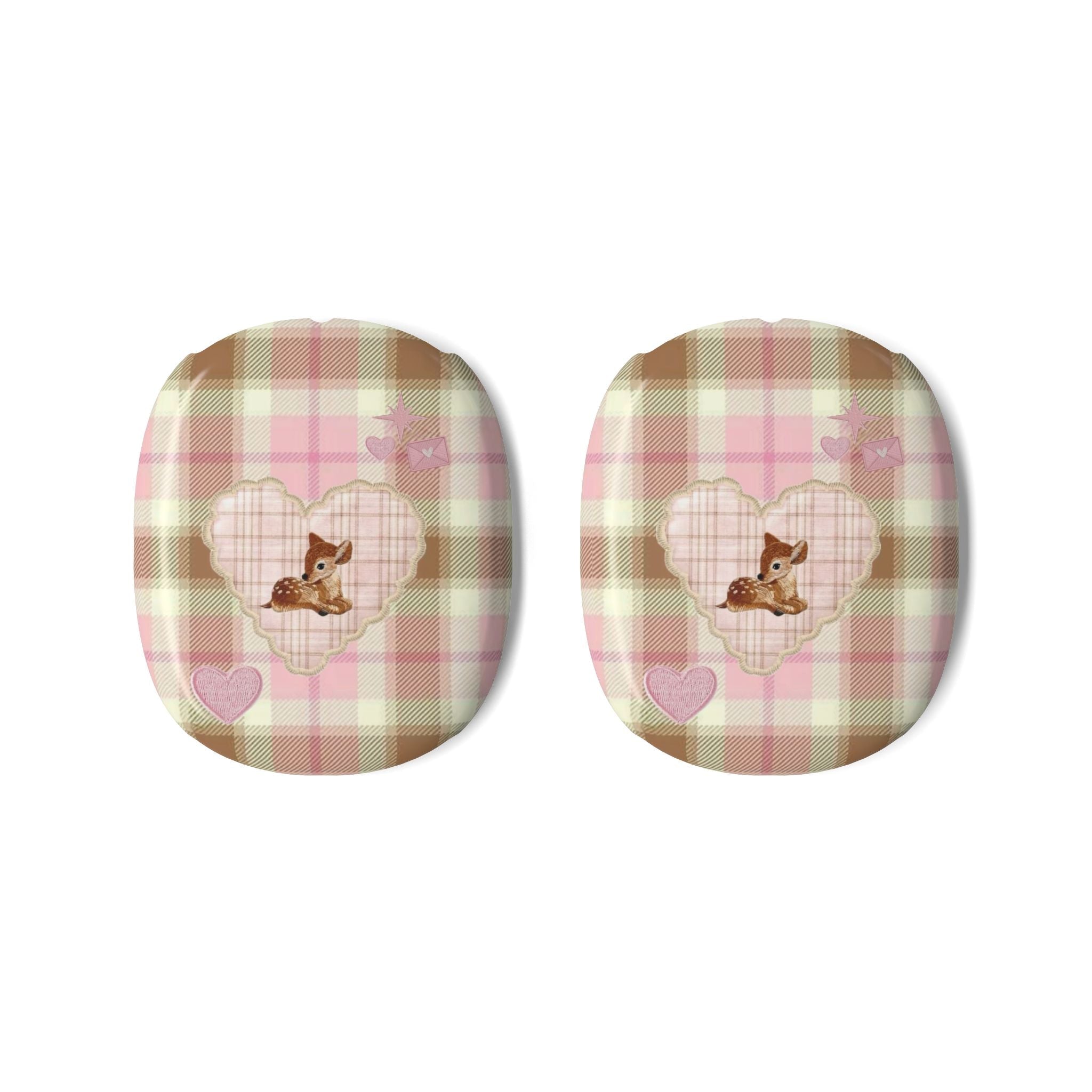 Two plaid earcup covers for AirPods Max, each with deer graphic and heart accents