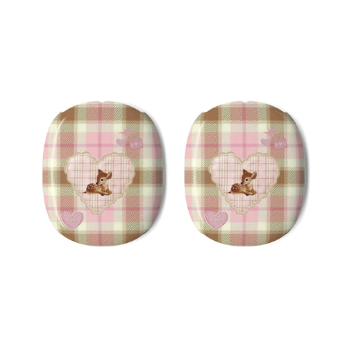Two plaid earcup covers for AirPods Max, each with deer graphic and heart accents