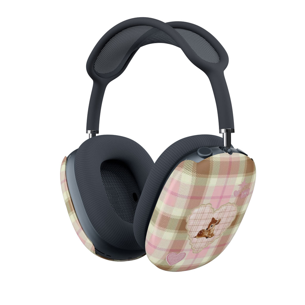 Plaid AirPods Max case covers: deer graphic on pink-and-cream plaid ear panels