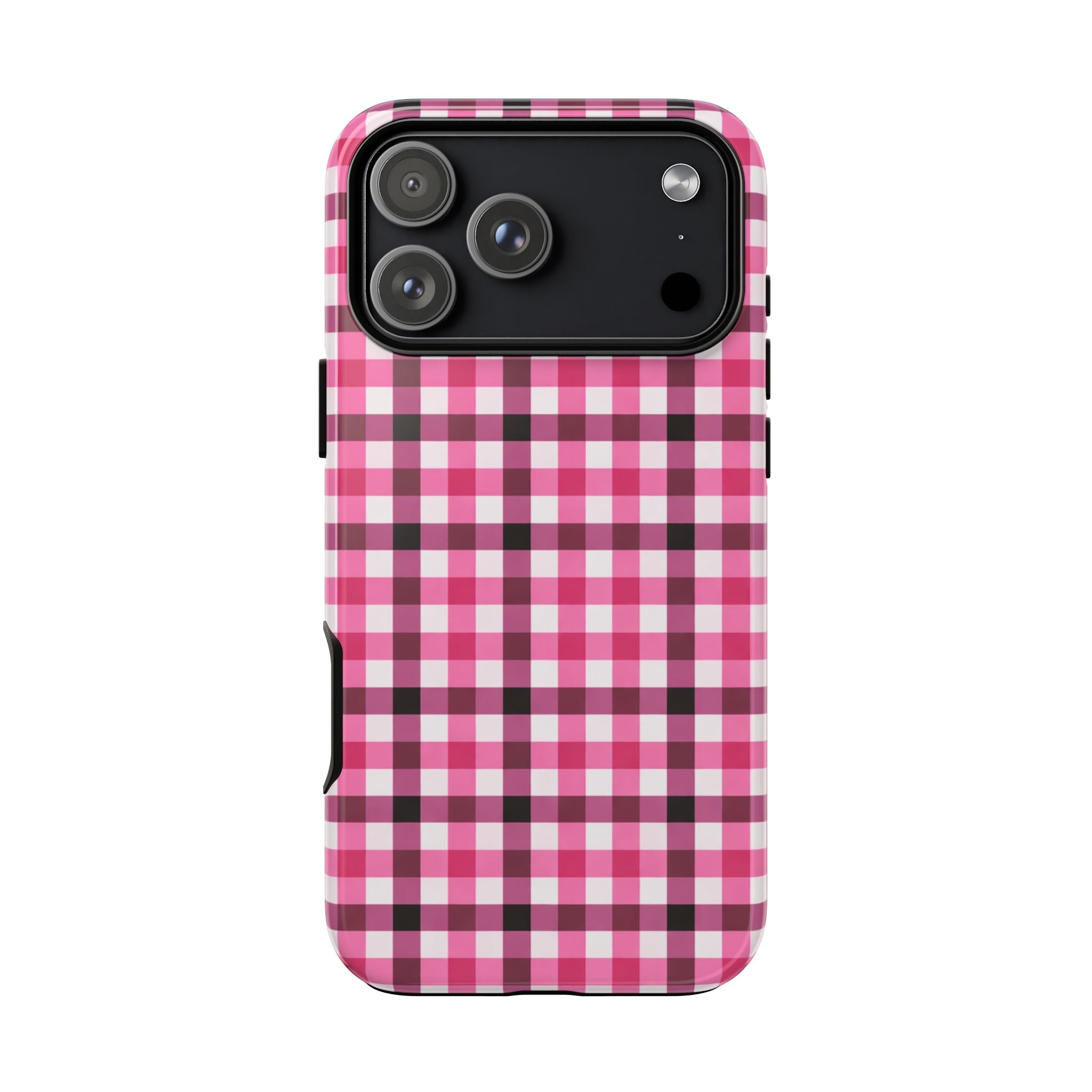 Plum gingham phone case back with lens cutouts and dark border
