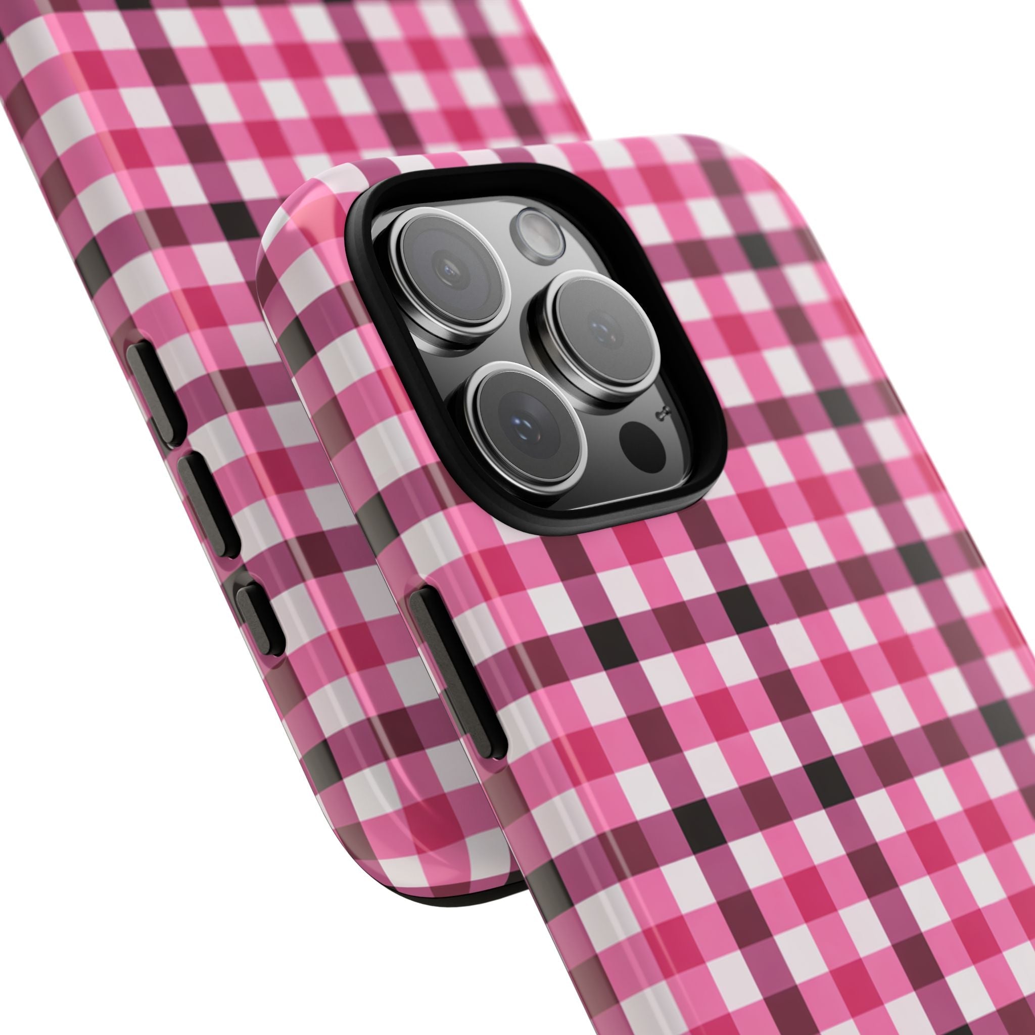 Plum gingham phone case angled view with raised lip for screen protection