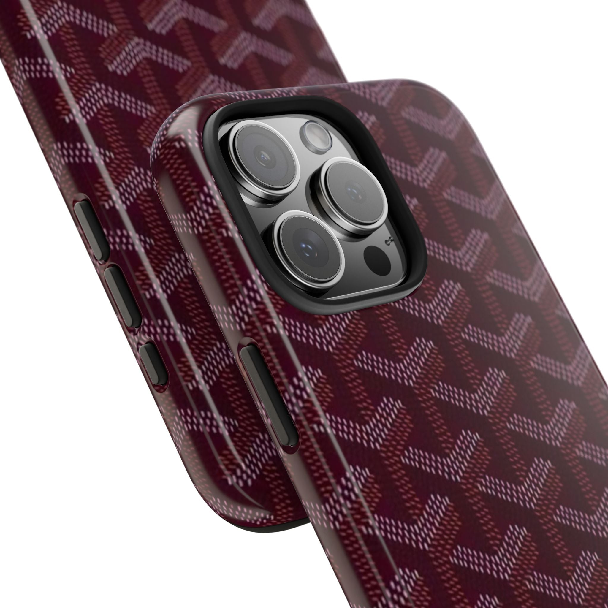 Plum patterned phone case showing side buttons and camera lens openings