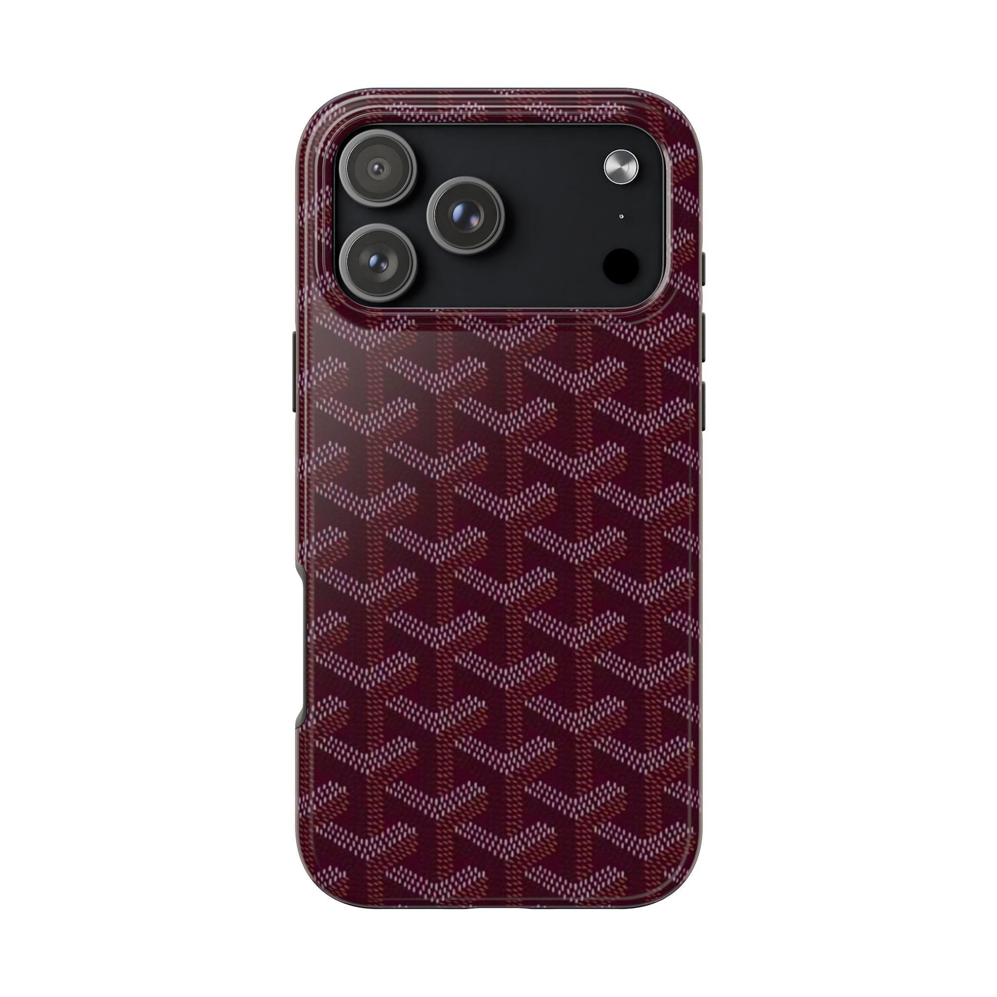 Plum patterned phone case with raised edges and camera cutouts