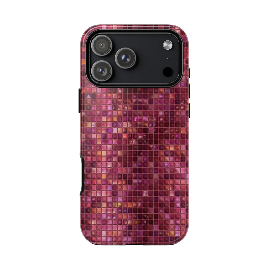 Plum mosaic phone case, mosaic tile grid design, raised camera bump protection