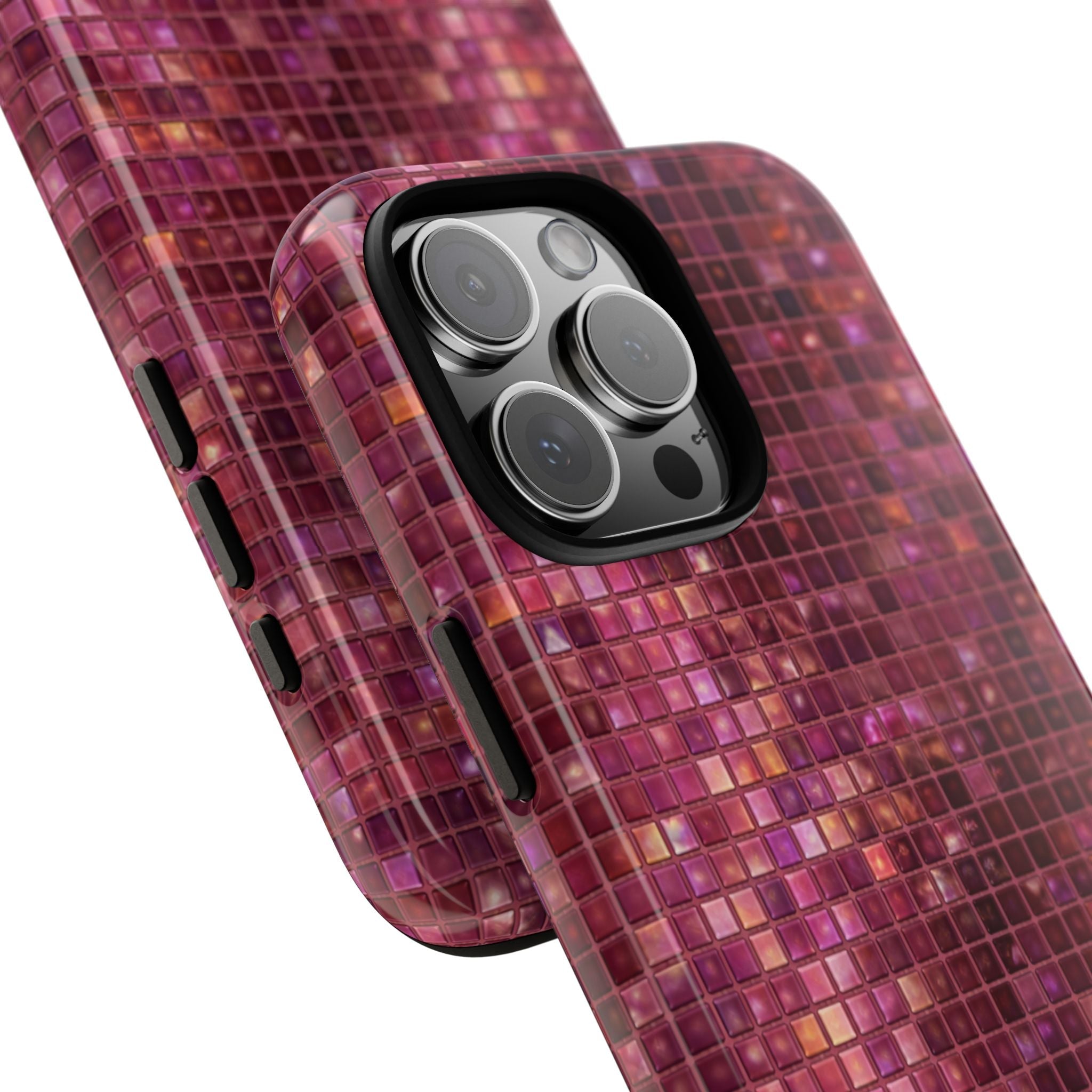 Plum mosaic phone case corner view with tile grid texture and camera lens cutout